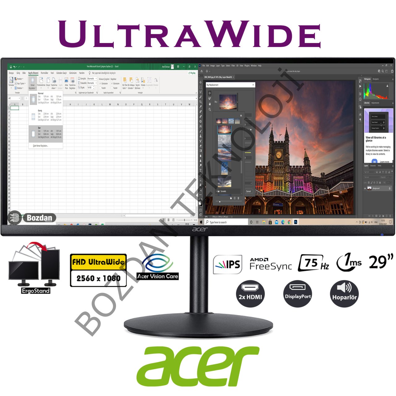 Acer CB292CU 29'' 75Hz 1ms (HDMI+Display) FreeSync 2560x1080 UltraWide Full HD IPS LED ZeroFrame Pivot Monitör UM.RB2EE.005