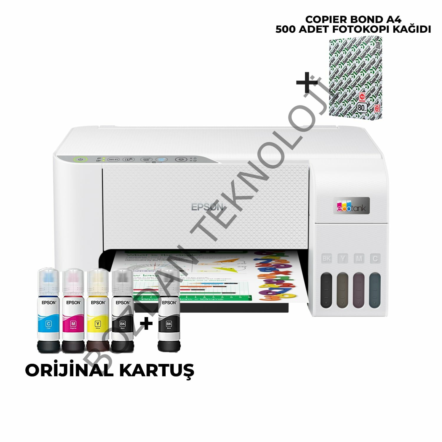 Epson EcoTank L3256 Renkli Tanklı Yazıcı Baskı-Tarama- Kopya - (USB, WiFi, Wi-Fi Direct) + ORİJİNAL EPSON Mürekkep + Copier Bond A4 Fotokopi kağıdı C11CJ67411+A4