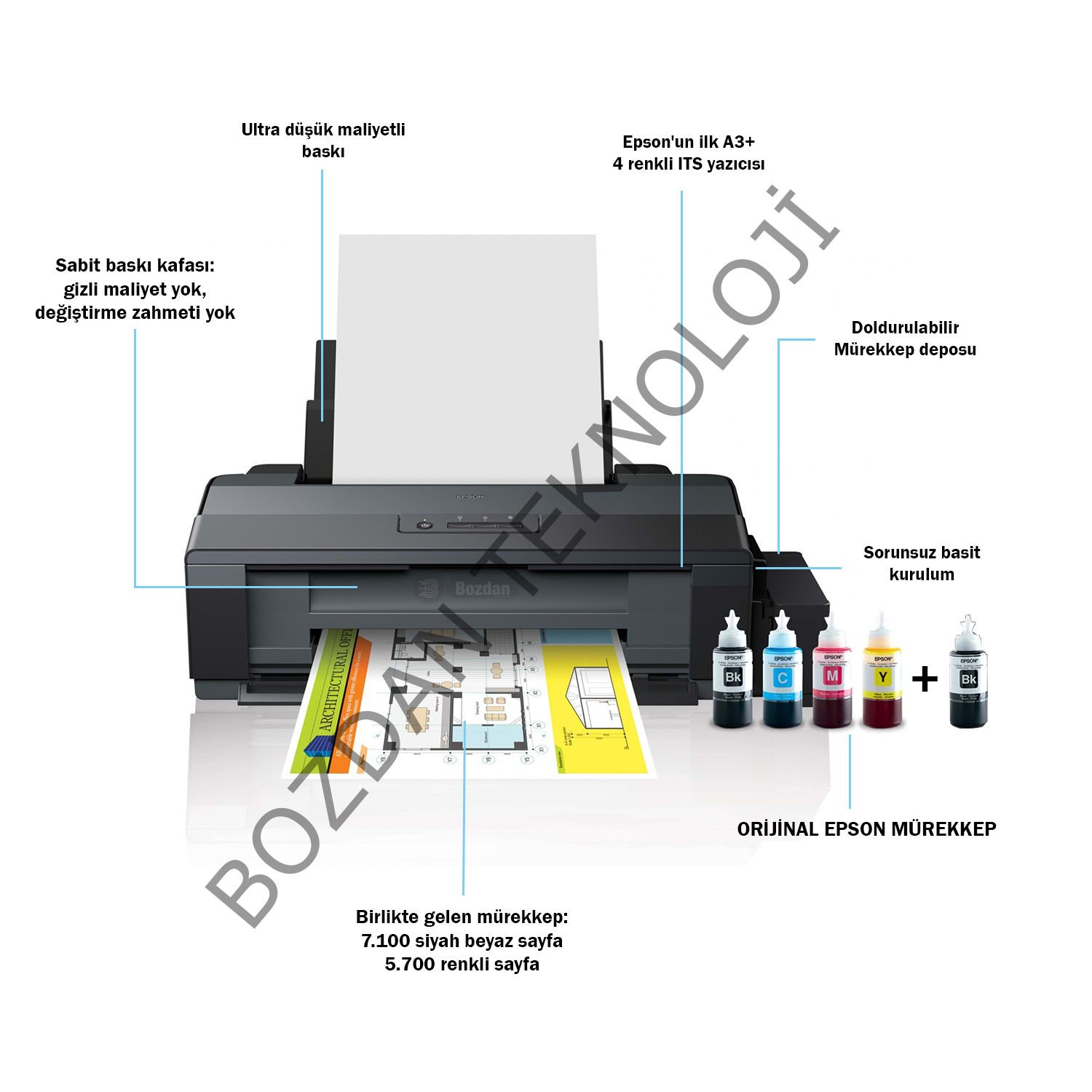 Epson L1300 ITS Renkli A3+ Mürekkep Tanklı Yazıcı Orijinal Epson Mürekkep 4 x 70 ml + 1 Ekstra Siyah Mürekkep  C11CD81403