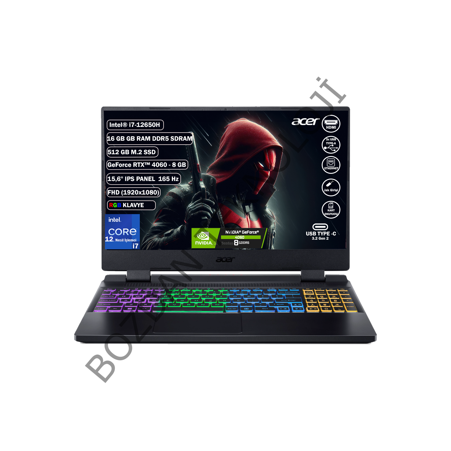 Acer Nitro 5 AN515 Intel Core I7 12650H 16 GB 512 GB SSD Rtx 4060 8 GB Freedos 15,6'' 165 Hz Fhd IPS Taşınabilir Bilgisayar NH.QM0EY.009