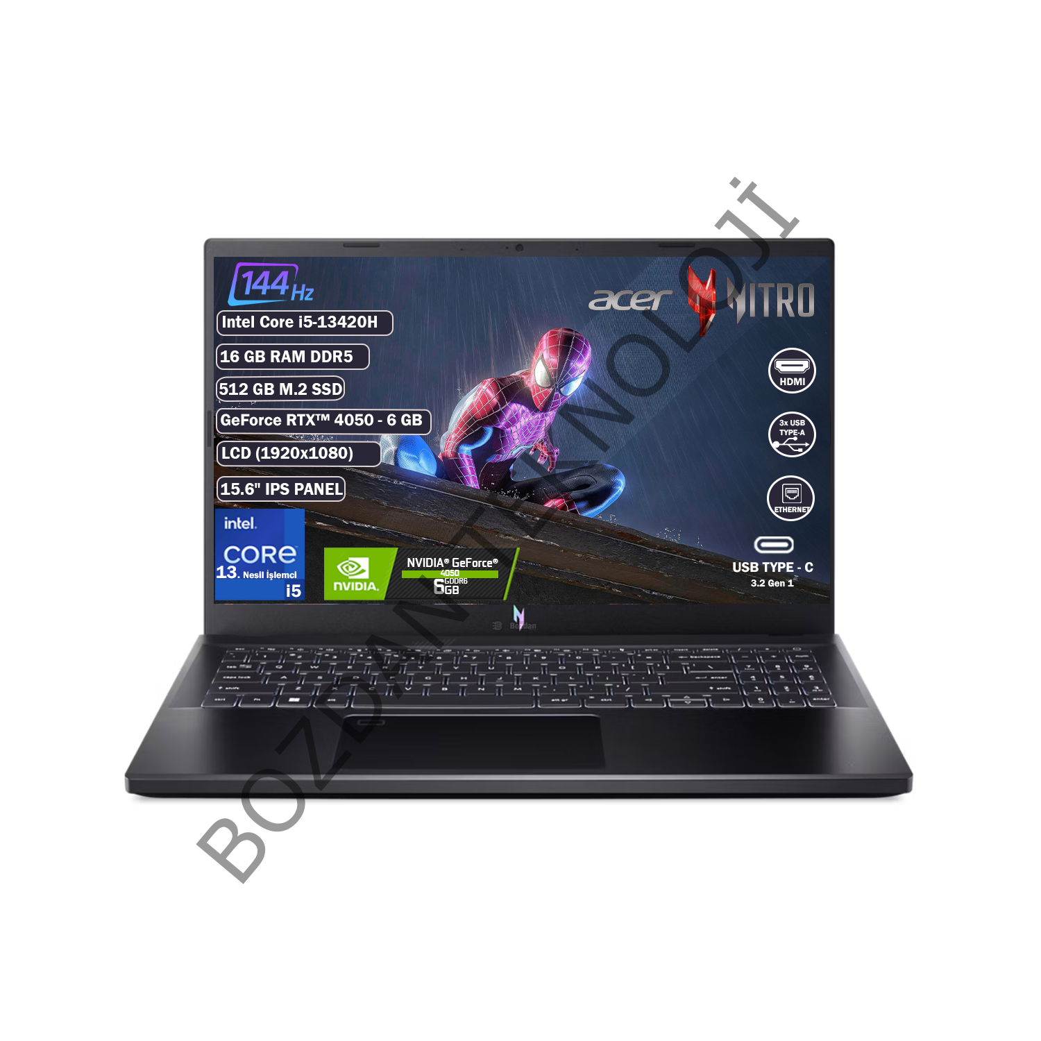 Acer Nitro V15 ANV15-51-57XV Intel Core i5 13420H 16GB 512GB SSD RTX4050 Freedos 15.6'' FHD Taşınabilir Bilgisayar NH.QNBEY.004
