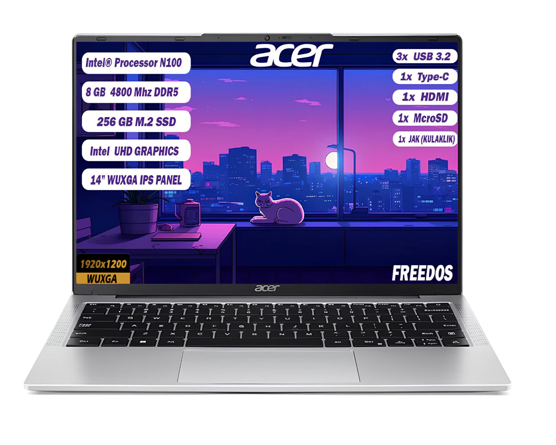 Acer Aspire Lite AL14-31P-C452 Intel N100 8 GB 256 GB SSD 14'' IPS WUXGA Taşınabilir Bilgisayar FreeDos Notebook NX.KS8EY.001