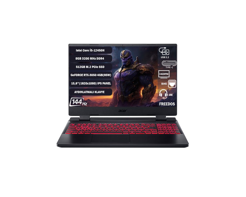 Acer Nitro 5 AN515-58-544K Intel I5-12450H 8gb 512GB RTX3050 15.6'' Fhd 144hz Freedos Taşınabilir Bilgisayar NH.QFJEY.007