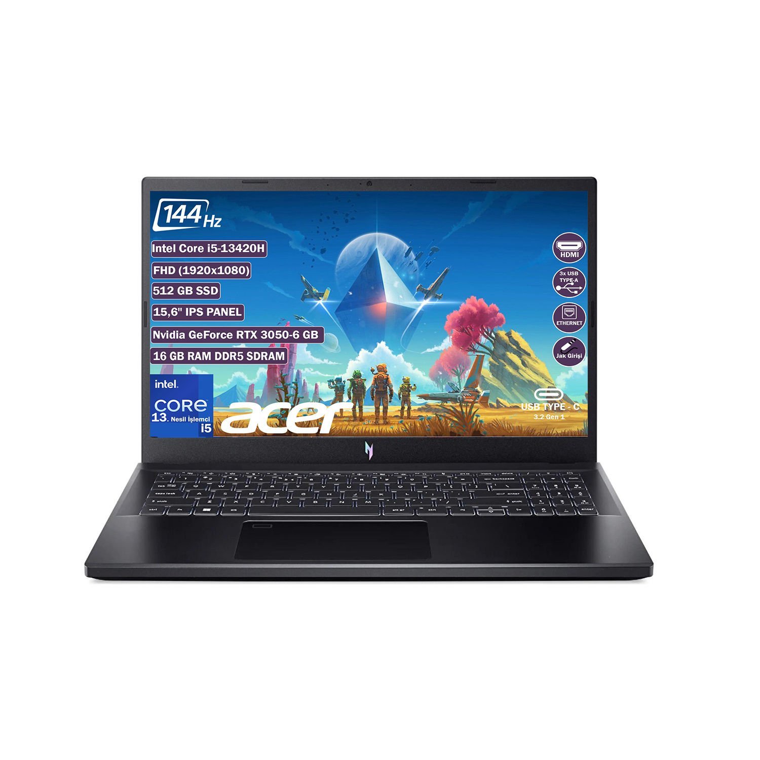 Acer Nitro V 15 ANV15-51 I5 13420H 16 GB 512 GB SSD Rtx 3050-6 GB Freedos 15.6'' Fhd IPS Taşınabilir Bilgisayar NH.QNCEY.001+165