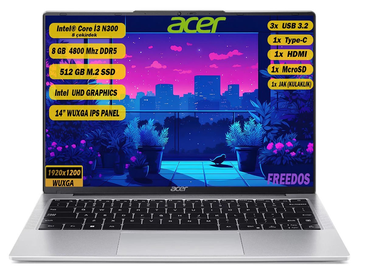 Acer Aspire Intel Core i3-N300 8 GB 512 GB SSD Freedos 14'' WUXGA IPS Taşınabilir Bilgisayar NX.KS9EY.002