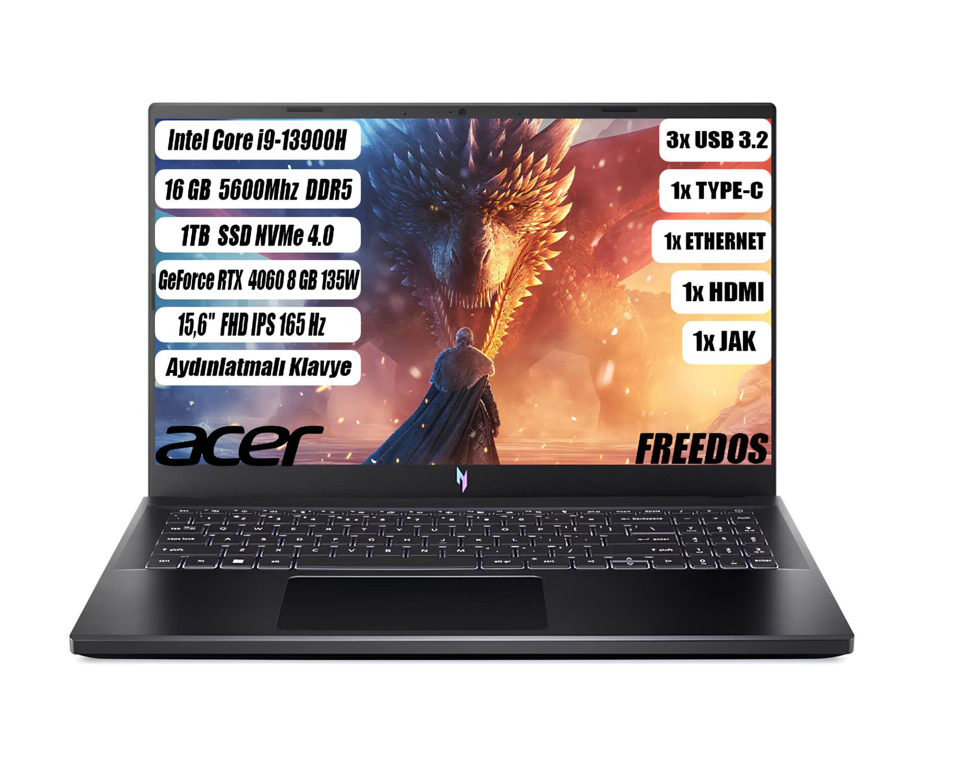 Acer Nitro ANV15-51 I9-13900H 16 GB 1 TB SSD RTX 4060 - 8 GB 15,6'' FHD IPS Freedos NH.QQEEY.007