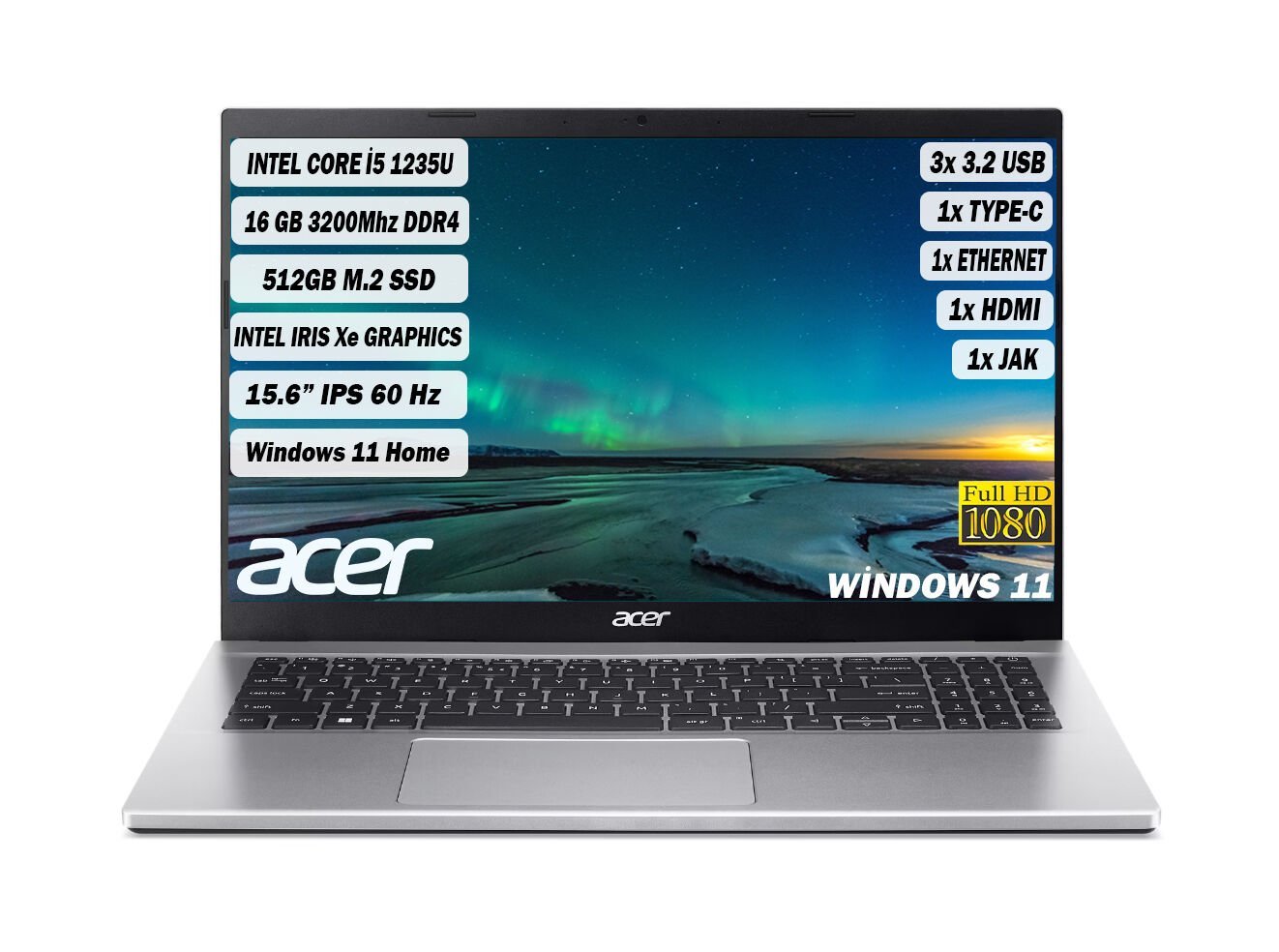 ACER Aspire 3 I5-1235U 16 GB 512 GB SSD 15,6'' FHD IPS W11 Gümüş NX.K6TEY.002+165