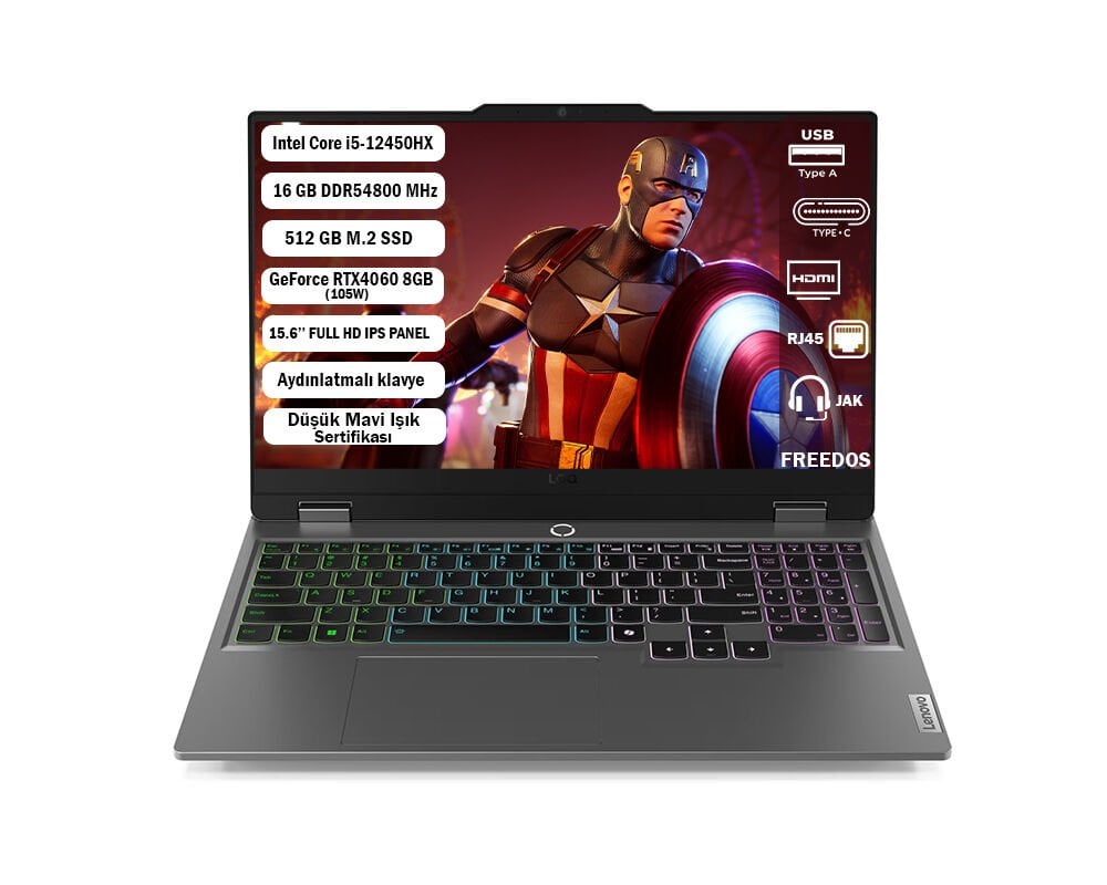 Lenovo LOQ 15IAX9 Intel Core I5-12450HX 16GB 512 GB SSD RTX4060 Freedos 15.6'' FHD IPS Taşınabilir Bilgisayar 83GS007XTR+165