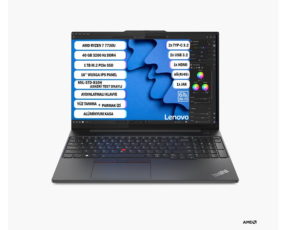 LENOVO THİNKPAD E16 GEN 1 AMD RYZEN™ 7 7730U 40 GB 1 TB SSD 16'' WUXGA IPS FREEDOS 21JT0017TX+401