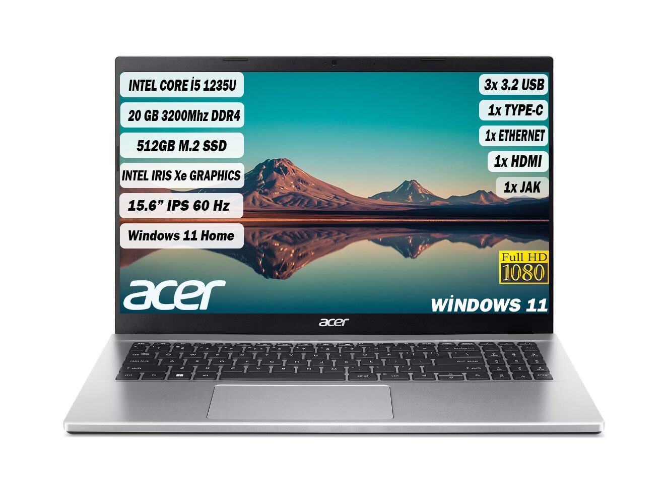 ACER Aspire3 Intel Core i5-1235U 20GB 512GB SSD 15,6'' FullHD IPS Windows11 Laptop NX.K6TEY.002+205