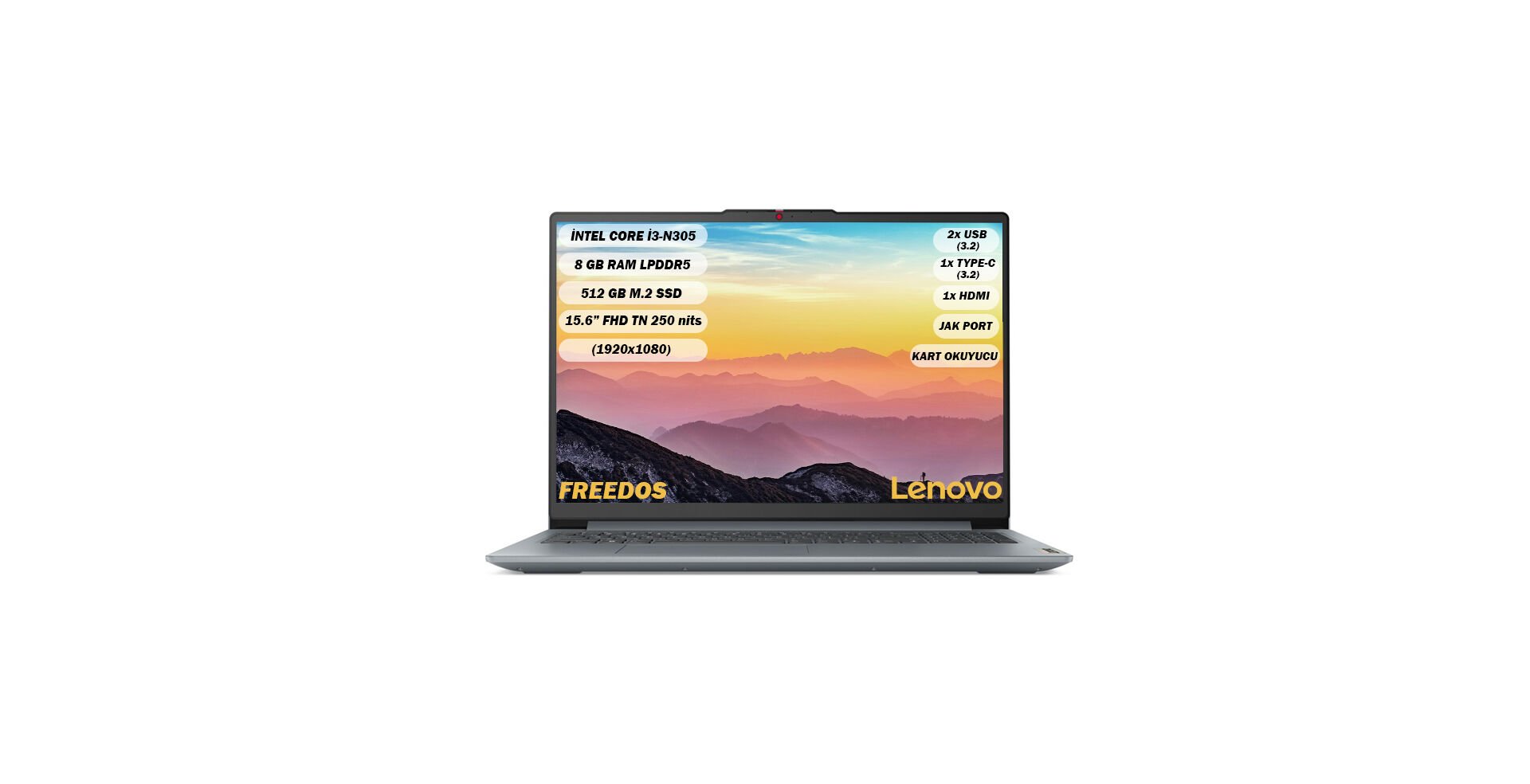 Lenovo Ideapad Slim 3 Intel Core i3 N305 8GB 512GB SSD Freedos 15.6'' FHD Taşınabilir Bilgisayar 82XB00B4TX